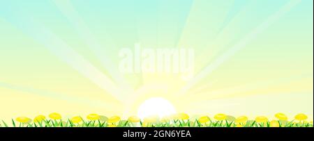 Blooming meadow with yellow dandelions and the rays of the morning sunrise. Big clear sky. Close-up side view. Rural cute grassy landscape. Handsome c Stock Vector