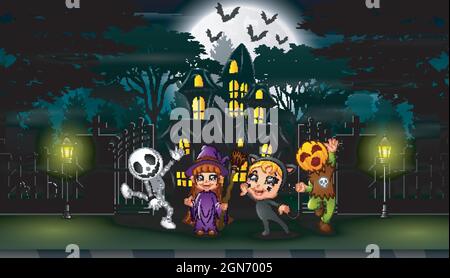 Happy halloween celebrate in front of the hounted house Stock Vector