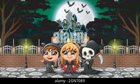 Happy halloween group celebrate in front of haunted house Stock Vector