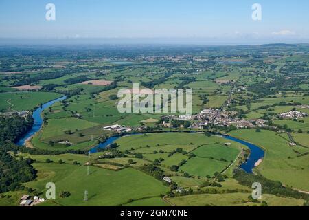 The meandering river Ribble,  between Whalley and Ribchester, shot from the air, Lancashire, north west England, UK Stock Photo