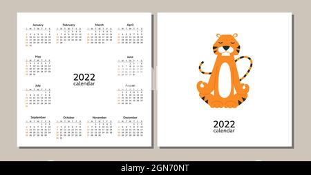 Square desk table wall calendar 2022. Happy New Year. Tigers. Chinese horoscope. Vector isolated cartoon illustration of tiger. Yoga sport meditation Stock Vector