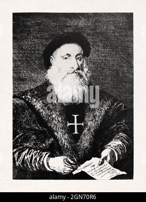 Portrait of the Portuguese explorer Vasco da Gama made by an unknown artist in early 16th century. Stock Photo