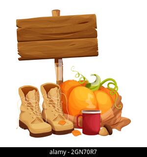 Autumn pumpkin in scarf, pair boots for walking or travel, cup of hot beverage, wooden signboard decorated with acorn and leaves in cartoon style isol Stock Vector