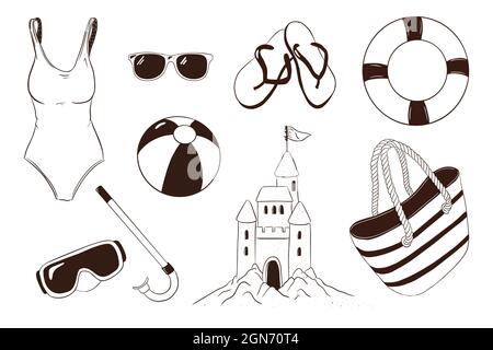 Summer Leisure Items Collection. Hand Drawn sea vacation activities accessories. Snorkel goggles, swimsuit, swimming ring, beach ball, flip flops, beach bag, sand castle and sunglasses. Premium Vector Stock Vector