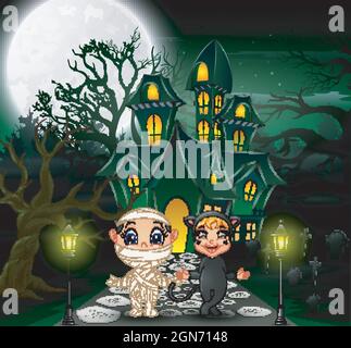 Happy halloween in front of the haunted house with full moon background Stock Vector