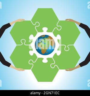Cooperation, Planet Earth with puzzle pieces in hands. Vector illustration. EPS10. Stock Vector