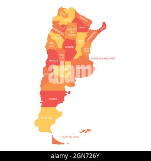 Orange political map of Argentina. Administrative divisions - provinces. Simple flat vector map with labels. Stock Vector