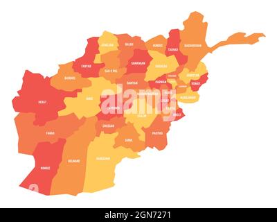 Orange political map of Afghanistan. Administrative divisions - provinces. Simple flat vector map with labels. Stock Vector