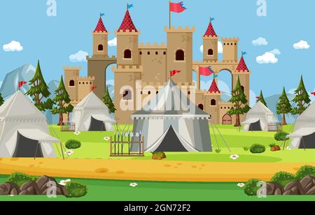 Military medieval camp with tents and castle illustration Stock Vector ...