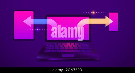 Synchronization of data between devices laptop, smartphone, tablet on an ultraviolet background. Data transfer loading process. Vector illustration. Stock Vector
