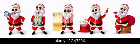 Santa claus christmas character vector set. Cool and jolly santa claus 3d characters with sunglasses in standing, reading and holding pose and gesture. Stock Vector