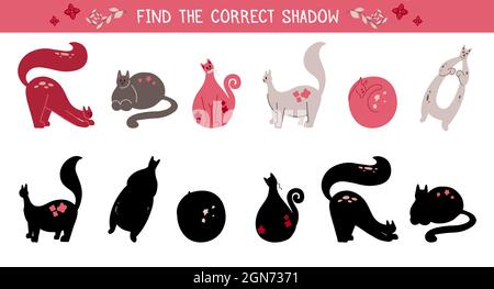 Find the correct shadow for kittens. Children's educational fun. Find right silhouette for objects. Flat hand drawn cats. Vector template for preschoo Stock Vector