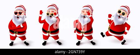 Santa claus christmas character vector set. Cute and jolly santa claus 3d characters in standing, running and waving pose and gestures with sunglasses. Stock Vector