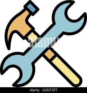 Hammer and wrench icon. Outline hammer and wrench vector icon color flat isolated Stock Vector