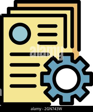 Documents and gear icon. Outline documents and gear vector icon color flat isolated Stock Vector