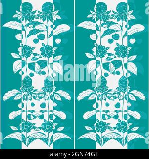 Elegant wild meadow flower seamless vector pattern. Arts and crafts style blended sea holly flowers, daisies background. Painterly style aqua blue Stock Vector