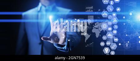 Business intelligence, Data analysis dashboard with icons charts and diagram on virtual screen. Stock Photo