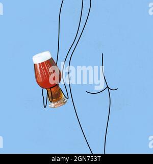 Contemporary art collage, modern design. Loneliness mood. Beautiful drawn female body and glass with beer isolated on light blue background. Stock Photo