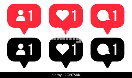 Social media notification flat icons in red and black color. Social media comment, like, follow signs. Can use for web and mobile app. Vector illustra Stock Vector