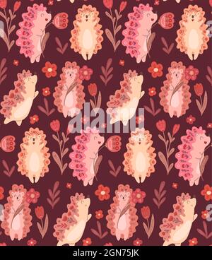 Seamless pattern with cute dancing hedgehogs with flowers and folk decoration on burgundy background. Delicate vector texture with animals and floral Stock Vector