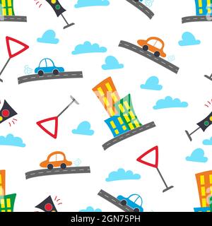 Transportation theme with Car. Seamless pattern isolated on white background. Stock Vector