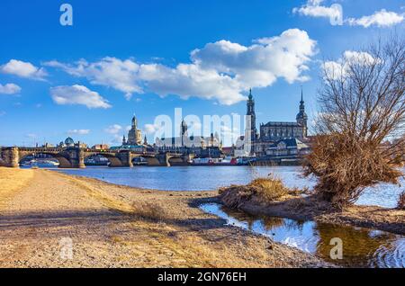 Dresden, Saxony, Germany: Classic view of the historic Old Town scenery photographed from the Königsufer riverside below Augustus Bridge. Stock Photo