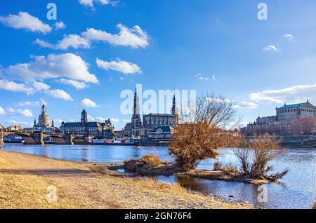 Dresden, Saxony, Germany: Classic view of the historic Old Town scenery photographed from the Königsufer riverside below Augustus Bridge. Stock Photo