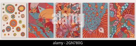 Set of abstract creative artistic hand drawn templates. Trendy contemporary designs with flowers, plants and ethnic elements in vibrant colors. Cover Stock Vector