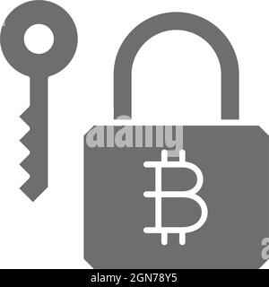 Bitcoin lock with key, cryptocurrency, blockchain grey icon. Stock Vector