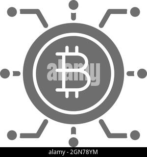 Bitcoin coin with closed contacts, blockchain grey icon. Stock Vector