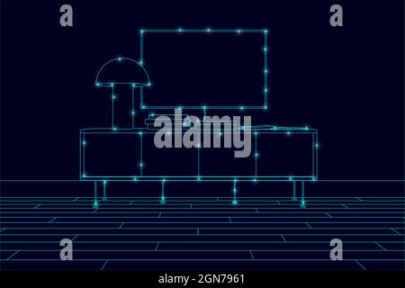 The contour of the interior with a TV and a bedside table made of blue lines on a dark background. Vector illustration. Stock Vector