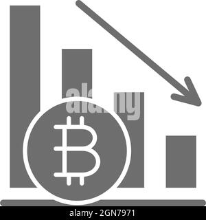 Down graph, bitcoin coin, cryptocurrency grey icon. Stock Vector