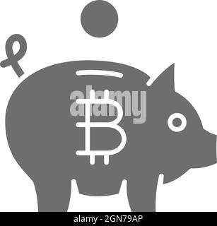 Piggy bank with bitcoin, cryptocurrency, crypto coin grey icon. Stock Vector