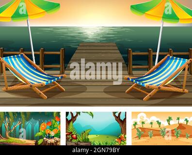 Four different nature horizontal scene  illustration Stock Vector
