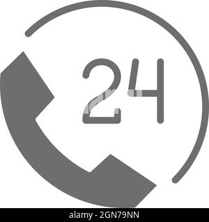 Round clock hotline, 24 hours service, help time grey icon. Stock Vector