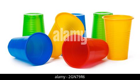 Colored disposable cups for drinks isolated on white Stock Photo
