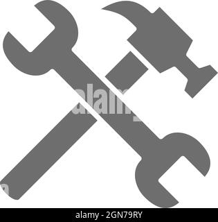 Vector hammer with wrench grey icon. Isolated on white background Stock Vector