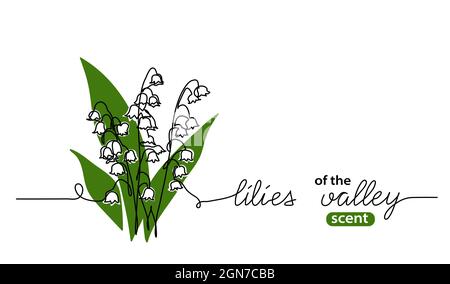 Lilies of the valley flowers one line art drawing. Simple vector line illustration with lettering Lilies valley Stock Vector