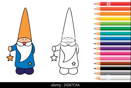 cute dwarf for coloring book with pencils Stock Vector