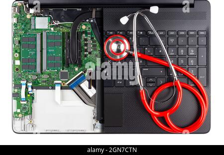 sectional top view of black modern laptop notebook computer with red doctor stethoscope isolated on white background. Pc repair help upgrape concept. Stock Photo