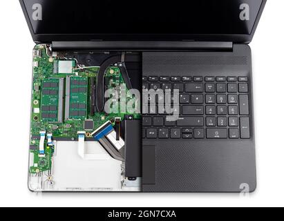sectional top view of black modern laptop notebook computer with visible hardware isolated on white background. Pc repair help upgrape concept. Stock Photo