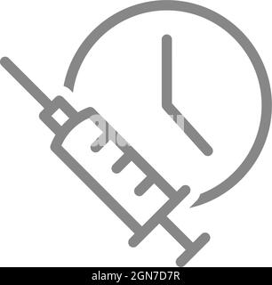 Medical syringe and watch line icon. Vaccination time, injection, worldwide immunity symbol Stock Vector