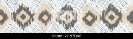 Shibori style ikat vector seamless vector border background. Neutral banner of scribbled diamond shapes on weave effect backdrop. Graphic style woven Stock Vector