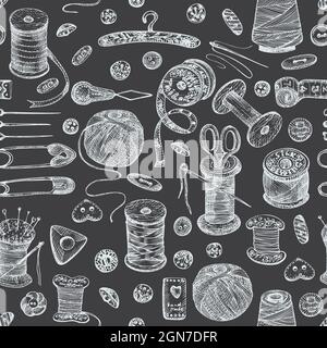 Seamless pattern with chalk hand-drawn vintage sewing tools on chalkboard. Buttons, threads, needles, pins, spools. Sketch engraving style. Retro Stock Vector