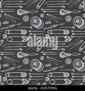 Seamless pattern with chalk hand-drawn vintage sewing tools on chalkboard. Buttons, threads, needles, pins, spools. Sketch engraving style. Retro Stock Vector