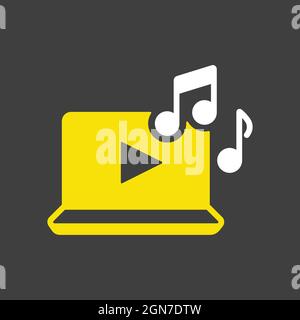 Listen to music on laptop vector glyph icon on dark background. Music sign. Graph symbol for music and sound web site and apps design, logo, app, UI Stock Vector