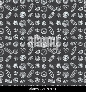Seamless pattern with chalk hand-drawn vintage sewing tools on chalkboard. Buttons, threads, needles, pins, spools. Sketch engraving style. Retro Stock Vector