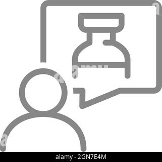 Medical ampoule in speech buble and user line icon. Injection, vaccination of the population, collective immunity symbol Stock Vector
