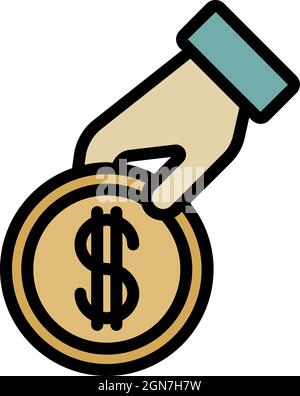 Hand giving coin icon. Outline hand giving coin vector icon color flat isolated Stock Vector
