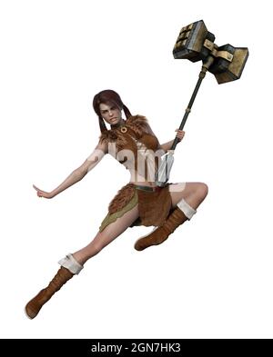 3d illustration of a barbaric woman with a huge hammer jumping down with one finger up isolated on a white background. Stock Photo